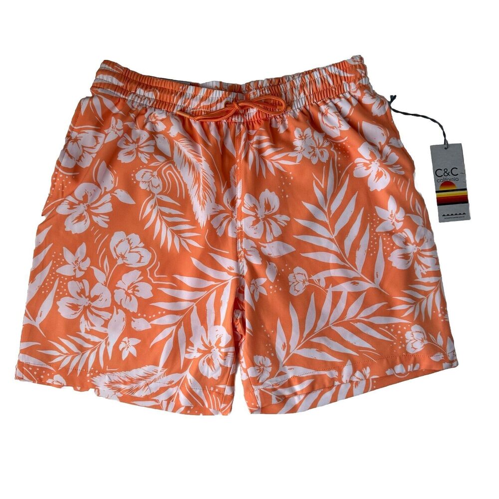 C&C California Men’s Swim Shorts Large Orange Tropical Print 7” Inseam NWT